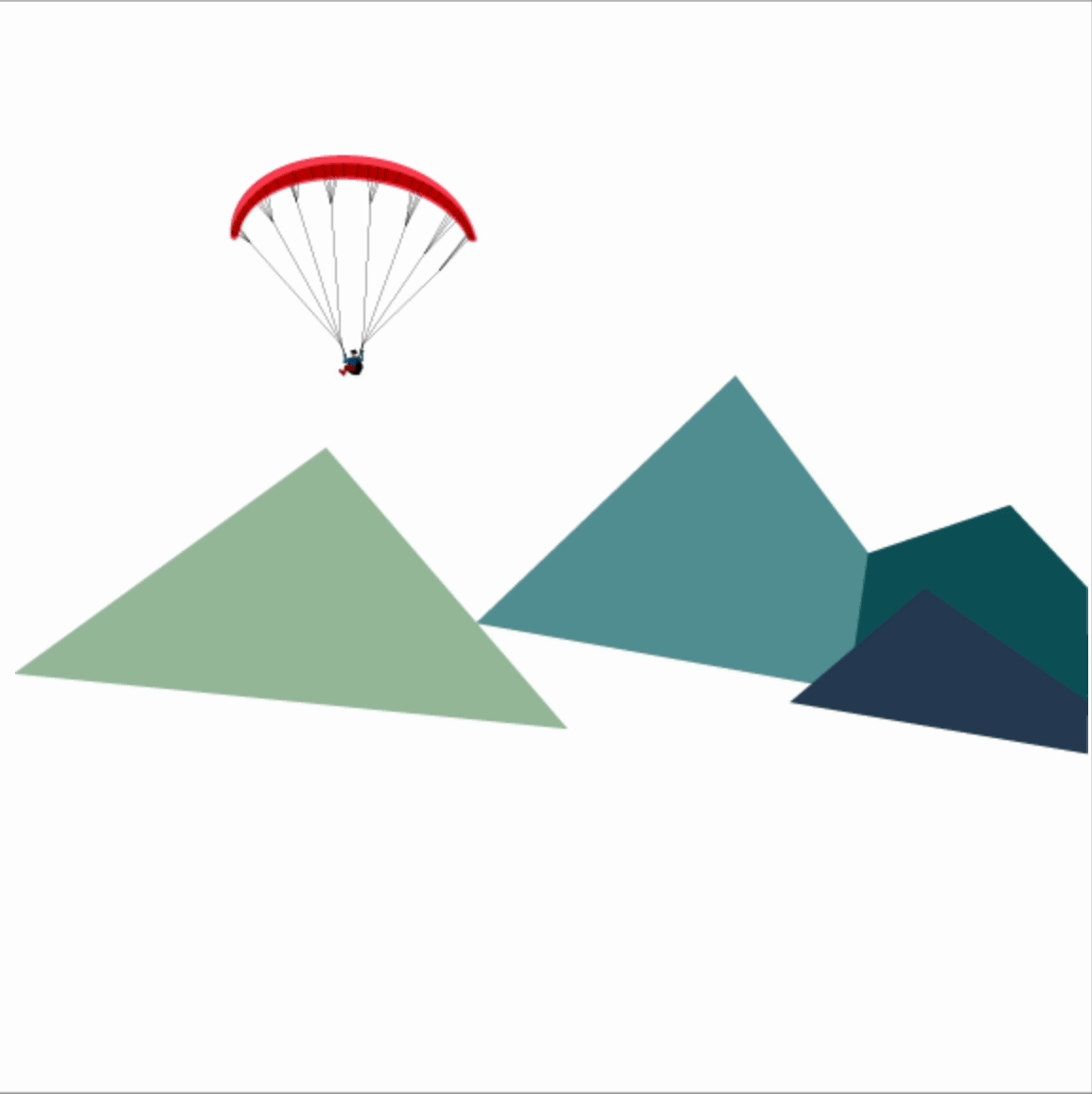 en tegnet animation af en rød paraglider, der hænger over bjergene. Zoom effekt ind på paraglideren der forstørre sig for hver freame ind til at den drejer ud af skærmen.